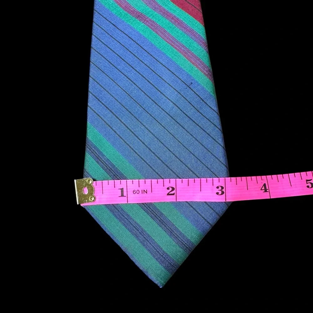 Jim Thompson Tie Blue Green Burgundy Striped Mens Necktie Hand Made Iridescent